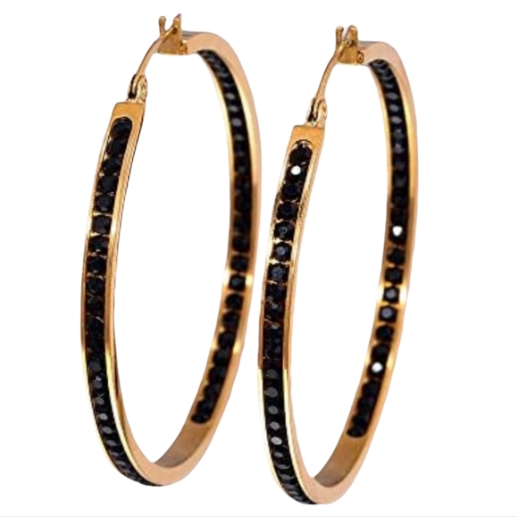Big Gold and Black Rhinestone Hoop Earrings Sparkle CZ Crystal Channel Hoops - Picture 10 of 11
